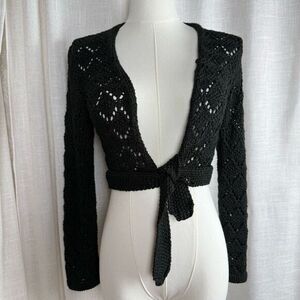 Y2K Black Crochet Tie Front Crop Sweater Women XS The Limited Open Knit Festival